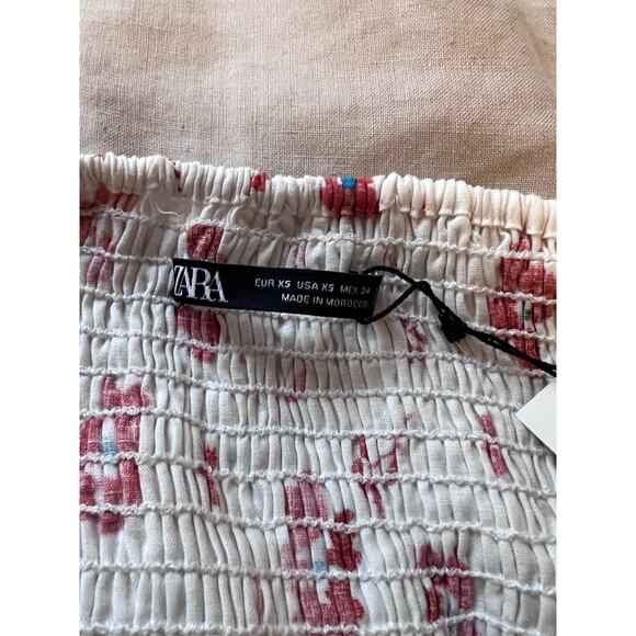 NWT Zara Linen Blend Floral Print Ruched Cream Print Blouse xs - Picture 10 of 12